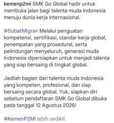 Informasi Pendaftaran SMK Go Global Batch 1 tahun 2026 dari Kementerian Pelindungan Pekerja Migran Indonesia/BP2MI RI