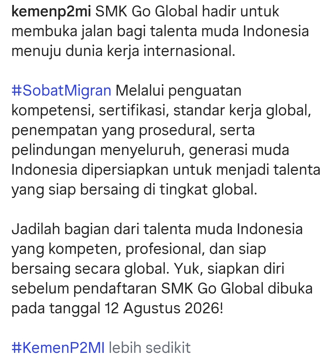 Informasi Pendaftaran SMK Go Global Batch 1 tahun 2026 dari Kementerian Pelindungan Pekerja Migran Indonesia/BP2MI RI